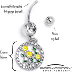 Clear Gem Cat Yellow Flowers Dangle Belly Ring