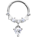 16G 3/8 Clear CZ Gem Love Heart Dangle Hinged Segment Ring