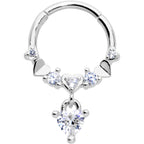 16G 3/8 Clear CZ Gem Love Heart Dangle Hinged Segment Ring
