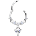 16G 3/8 Clear CZ Gem Love Heart Dangle Hinged Segment Ring