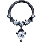 16G 3/8 Clear CZ Gem Black Love Heart Dangle Hinged Segment Ring