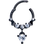 16G 3/8 Clear CZ Gem Black Love Heart Dangle Hinged Segment Ring