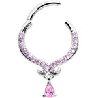 16G 3/8 Pink CZ Gem Elegant Curves Dangle Hinged Segment Ring