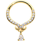 16G 3/8 Clear CZ Gem Gold Hue Elegant Curves Dangle Hinged Segment Ring