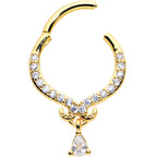 16G 3/8 Clear CZ Gem Gold Hue Elegant Curves Dangle Hinged Segment Ring