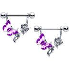 14G 9/16 Butterfly Purple Rose Flower Dangle Nipple Ring Set