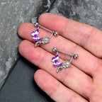 14G 9/16 Butterfly Purple Rose Flower Dangle Nipple Ring Set