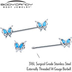 14G 9/16 Blue Gem Fancy Fab Butterfly Barbell Nipple Ring Set