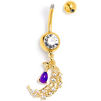 Purple Gem Gold Tone Constellation Moon Dangle Belly Ring