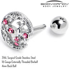 16G 1/4 Pink Gem Lunar Dragonfly Cartilage Tragus Earring