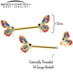 14G 9/16 Red Blue Gem Gold Tone Butterfly Barbell Nipple Ring Set