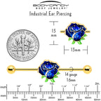 14G Blue Gem Gold Tone Deep Blue Flower Industrial Barbell 38mm