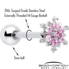 Pink CZ Gem Snowflake Glam Barbell Tongue Ring