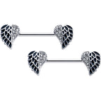 14G 9/16 Clear Gem Heavenly Heart Angel Wing Black Nipple Ring Set