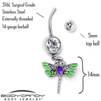 Green Clear Gem Bright Dragonfly Blue Dangle Belly Ring