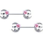 14G 9/16 Clear Gem Rabbit On Moon Flower Pink Nipple Ring Set