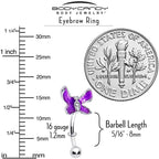 16G 5/16 Clear Gem Chunky Butterfly Purple Curved Eyebrow Ring