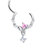 16G 3/8 Pink CZ Gem Butterfly Heart Dangle Hinged Segment Ring