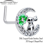 20G 7mm Clear CZ Gem Rabbit On The Moon Green L Shape Nose Ring