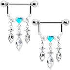 14G 9/16 Blue Gem Heart Triple Drop Dangle Nipple Ring Set
