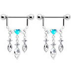 14G 9/16 Blue Gem Heart Triple Drop Dangle Nipple Ring Set