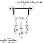 14G 9/16 Clear Gem Heart Triple Drop Dangle Nipple Ring Set