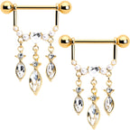 14G 9/16 Clear Gem Gold Tone Heart Triple Dangle Nipple Ring Set