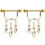 14G 9/16 Clear Gem Gold Tone Heart Triple Dangle Nipple Ring Set