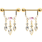 14G 9/16 Pink Gem Gold Tone Heart Triple Dangle Nipple Ring Set