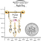 14G 9/16 Pink Gem Gold Tone Heart Triple Dangle Nipple Ring Set