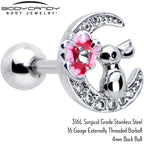 16G 1/4 Clear CZ Gem Rabbit on the Moon Pink Cartilage Earring