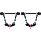 14G 9/16 Red Gem Black Bleeding Heart Bat Dangle Nipple Ring Set