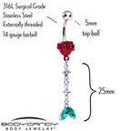 Green Clear Gem Rose Red Chain Dangle Belly Ring