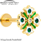16G 5/16 Green CZ Gem Gold Tone Flower Wreath Flatback Stud