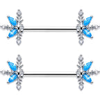 14G 9/16 Blue CZ Gem Classic Flower Barbell Nipple Ring Set