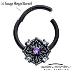 16G 3/8 Purple CZ Gem Black Flower Ring Hinged Segment Ring