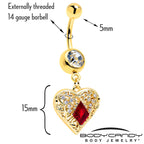 Red CZ Gem Gold Tone Heart Queen Dangle Belly Ring