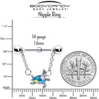 14G 9/16 Glitter Turtle Chain Dangle Nipple Ring Set