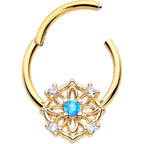 16G 3/8 Blue CZ Gem Gold Tone Flower Ring Hinged Segment Ring
