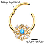 16G 3/8 Blue CZ Gem Gold Tone Flower Ring Hinged Segment Ring