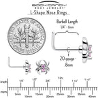 20G 7mm Pink CZ Gem Sleek Spider L Shape Nose Ring