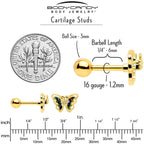16G 1/4 Vitrail Gem Gold Tone Classic Butterfly Cartilage Earring