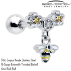 16G 1/4 Yellow CZ Gem Flower Bee Dangle Cartilage Tragus Earring