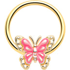 16G 3/8 Gold Tone Butterfly Pink Splash BCR Captive Charm Ring