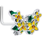 20G 7mm Yellow CZ Gem Blooming Butterfly L Shape Nose Ring