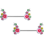 14G 9/16 Green Pink Gem Caterpillar Flower Barbell Nipple Ring Set