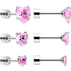Pink Heart CZ Flat Back Stud Earrings - 3 Pairs
