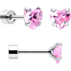 Pink Heart CZ Flat Back Stud Earrings - 3 Pairs