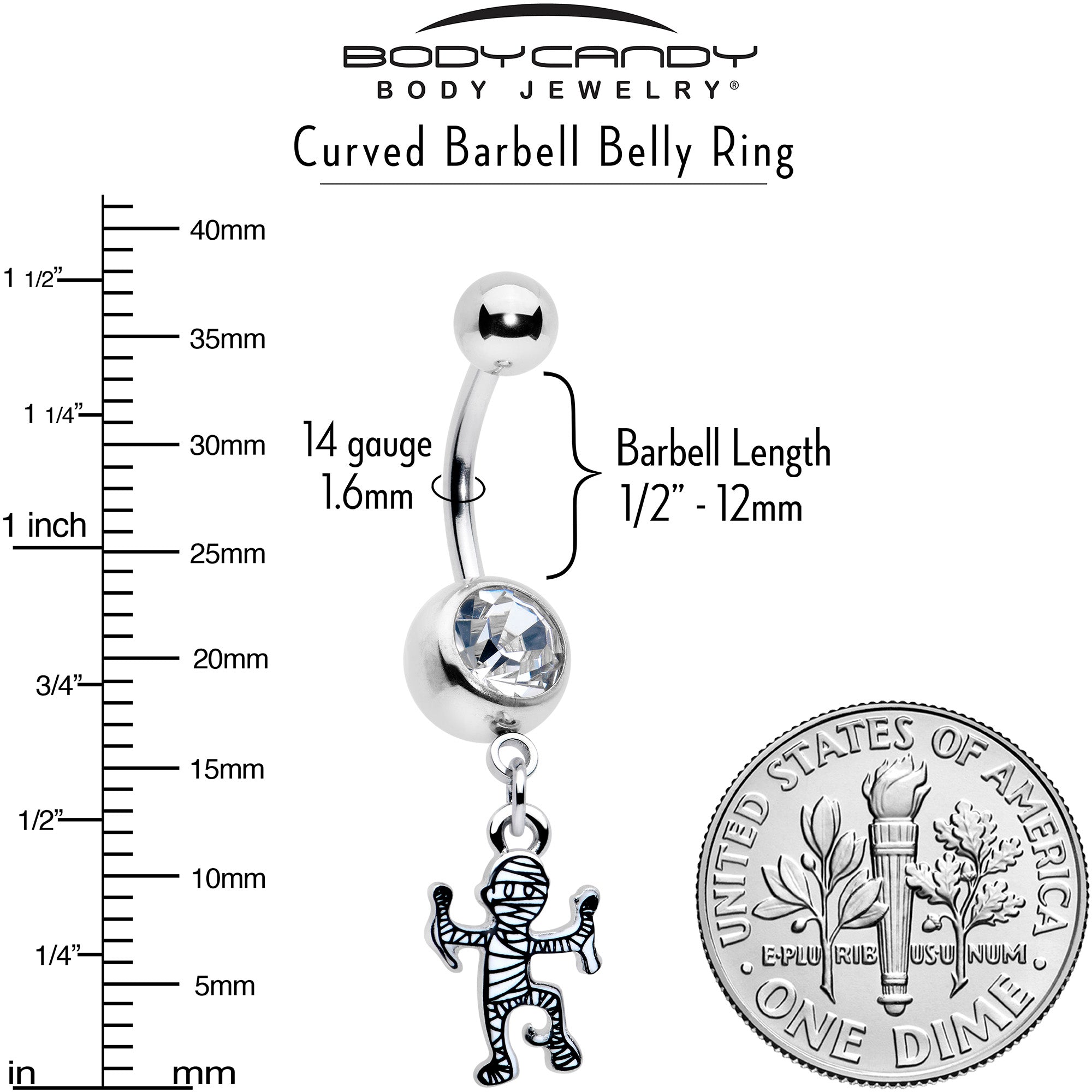 Clear Gem Two Tone Halloween Mummy Dangle Belly Ring