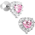 Sterling Silver Heart CZ October Birthstone Youth Screwback Earrings